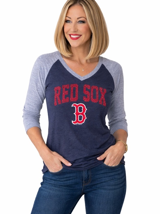 MLB Tops - Boston Red Sox Rhinestone V-Neck Raglan Tee Size Small half sleeve